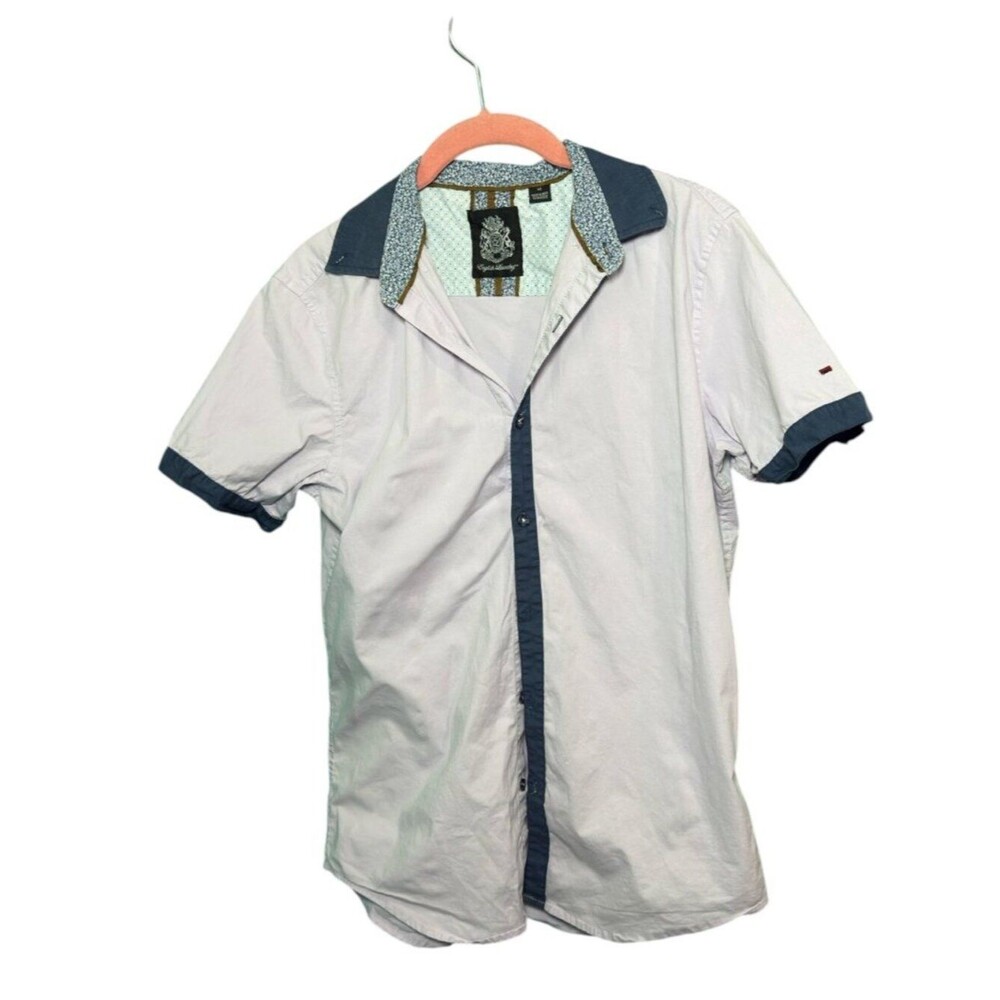 English Laundry Short Sleeve Button-Up Shirt | Size M | Cream Navy Trim | Preppy